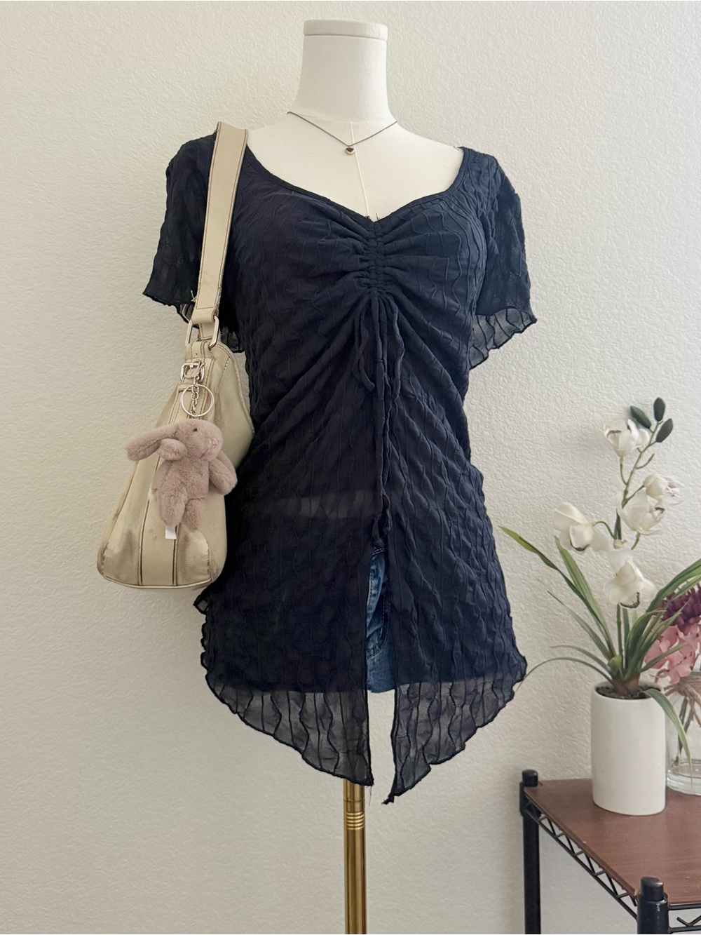 Velvet Black Ruched V-Neck Short Sleeve Tunic
